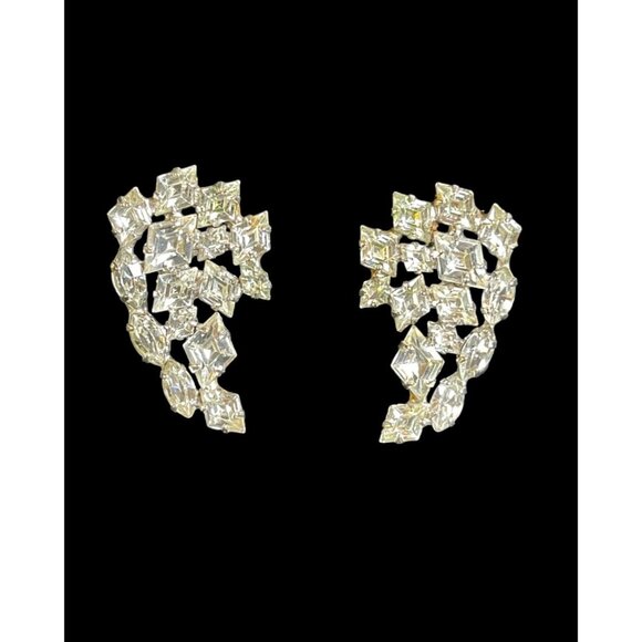Vintage Mid Century Art Deco Silver Tone Rhinestone Clip-on Earrings - Picture 1 of 5